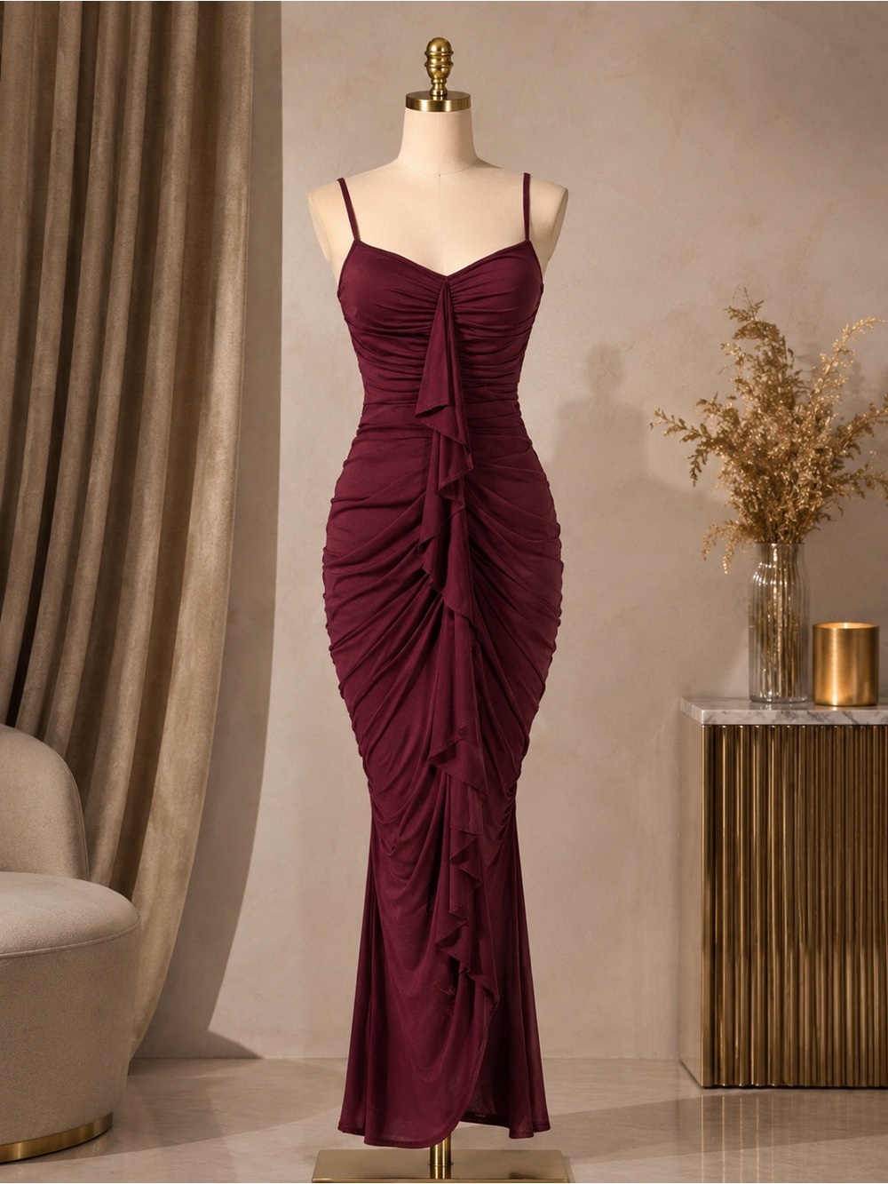 Ruched Burgundy Maxi Dress with Spaghetti Straps